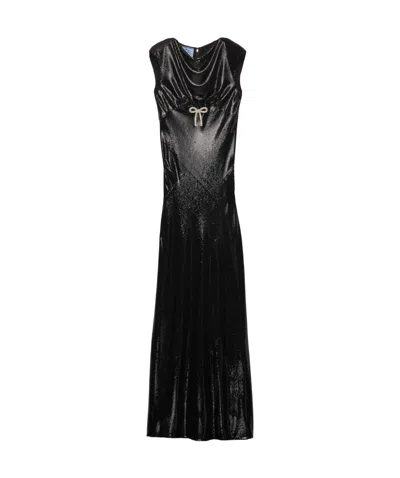 Prada Sequined Satin Long Dress In Black