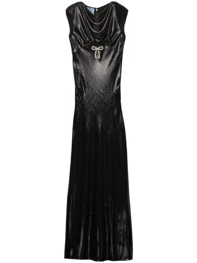Prada Sequined Satin Long Dress In Black