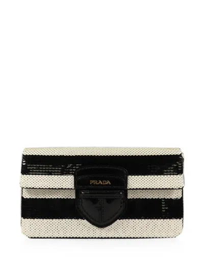 Pre-owned Prada Sequin-embellished Striped Clutch Bag In Black