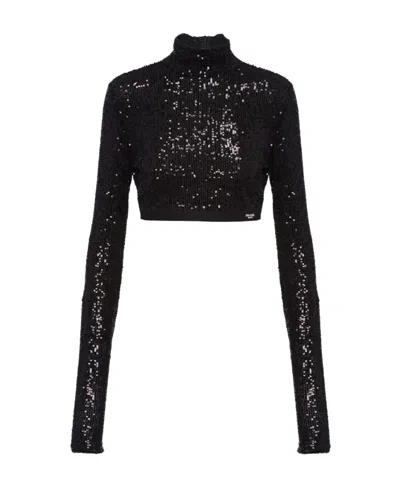 Prada Sequinned Cropped Top In Black