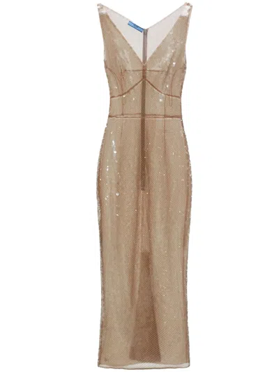 Prada Embroidered Tulle Dress In Beige