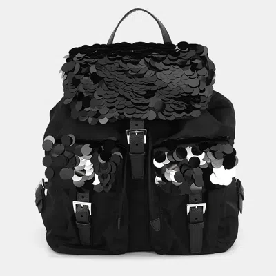 Pre-owned Prada Sequins Backpack Black Nylon Leather Sequins Size Medium