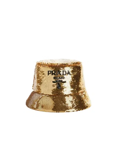 Prada Sequins Logo Bucket Hat In Brown