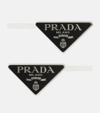 Prada Womens Black Logo-plaque Silver-toned Metal Hair Clips Set Of Two