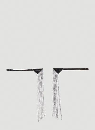 Prada Set Of Two Logo Plaque Crystal Hair Slides In Black