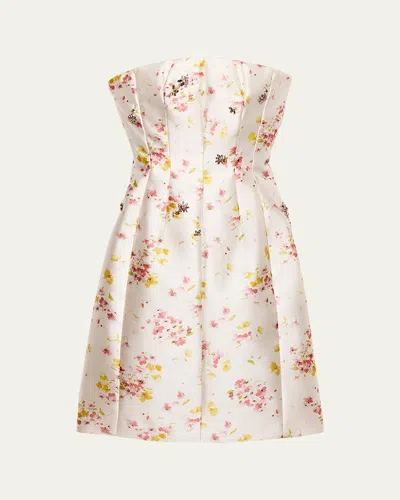 Prada Seta Lana Floral-embellished Strapless Mini Dress In Begonia