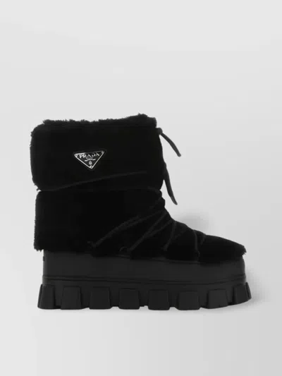 Prada Shearling And Rubber Ankle Boots With Fur Texture In Black