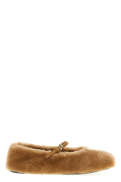 Prada Shearling Ballet Flats In Brown