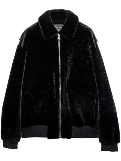 Prada Shearling Bomber Jacket In Black
