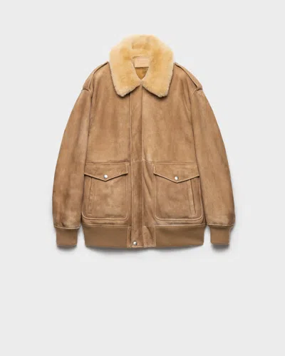 Prada Shearling Bomber Jacket In Neutral