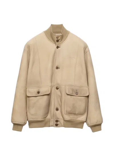 Prada Shearling Bomber Jacket In Neutral