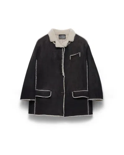 Prada Shearling Caban Jacket In Anthracite/natural