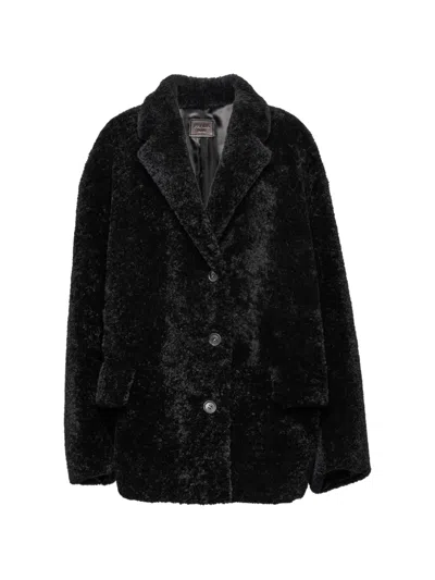 Prada Shearling Caban Jacket In Black