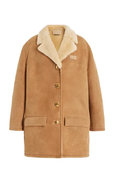 Prada Shearling-trim Suede Coat In Brown