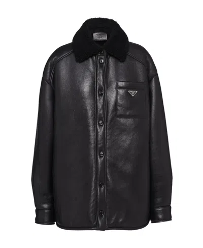Prada Shearling Collar Button-up Jacket In Black