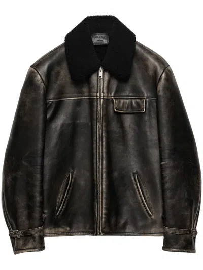PRADA SHEARLING-COLLAR LEATHER JACKET