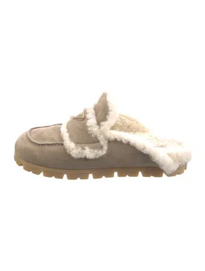 Pre-owned Prada Shearling Colorblock Pattern Mules In Neutral