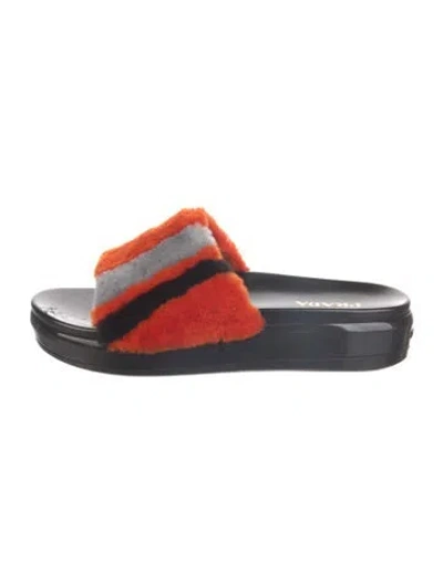 Pre-owned Prada Shearling Colorblock Pattern Slides In Orange