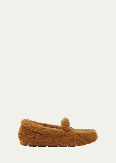 Prada Shearling Cozy Driver Loafers In Caramel