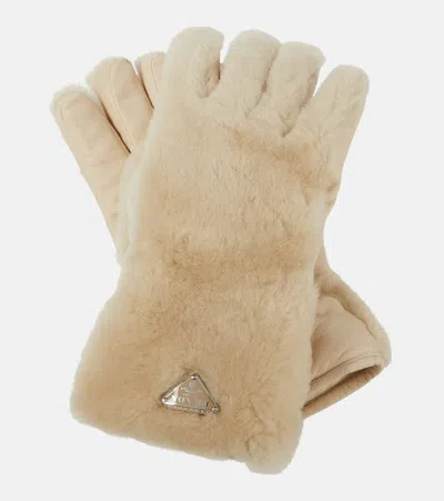 Prada Shearling Gloves In Neutral