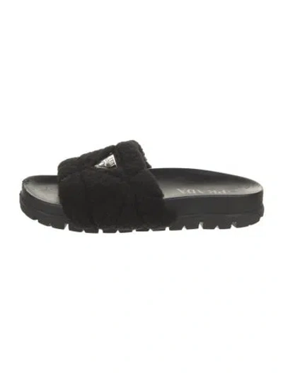 Pre-owned Prada Shearling Graphic Print Slides In Black