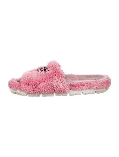 Pre-owned Prada Shearling Graphic Print Slides In Pink