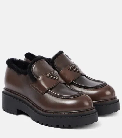 Prada Shearling-lined Brushed Leather Loafers In Braun