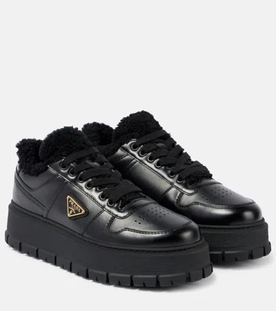 Prada Womens Black Brand-plaque Shearling-lined Leather Mid-top Trainers Eur 38.5 / 5.5 Uk