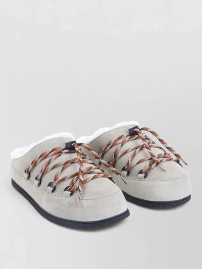 Prada Shearling Lined Mules Rubber Sole Triangle In Gray