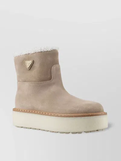 Prada Shearling Lined Platform Sole Boots In Neutrals
