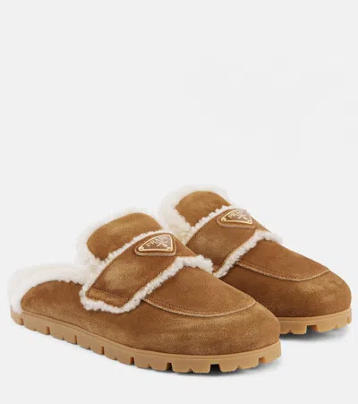 Prada Shearling-lined Suede Mules In Brown