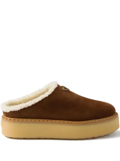 Prada Shearling Lining Suede Slippers In Blue