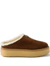 Prada Brown Suede Mules With Shearling Trim And Plush Lining In Brown