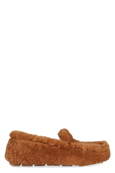 Prada Shearling Cozy Driver Loafers In Brown