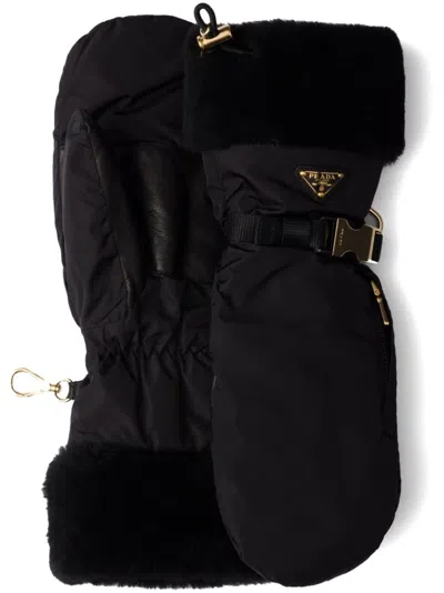 Prada Shearling Mittens In Black