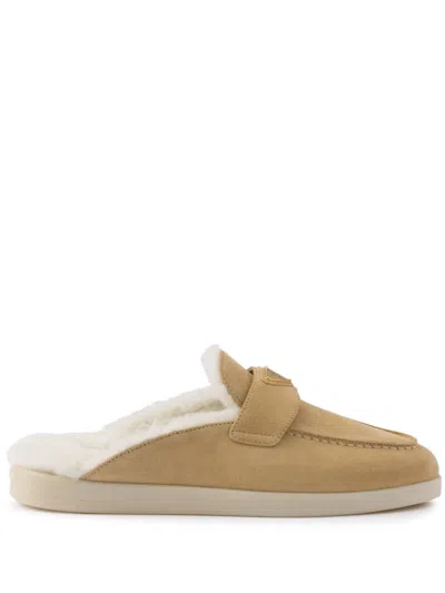 Prada Suede And Shearling Mules In Ecru