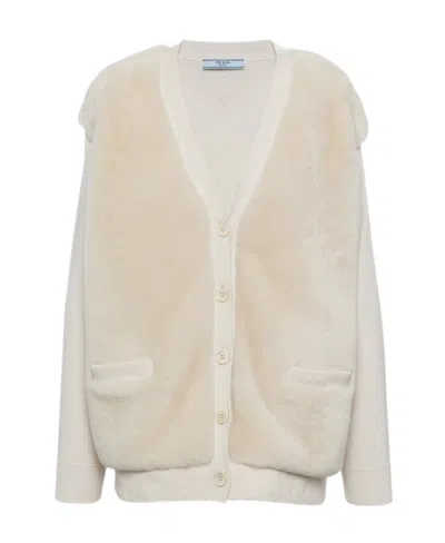 Prada Shearling-panel Cashmere Cardigan In Ivory