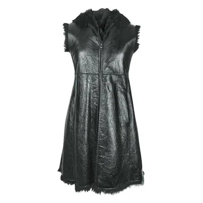 Pre-owned Prada Shearling Patent Leather Vest Knee Length 42 / 8 In Black