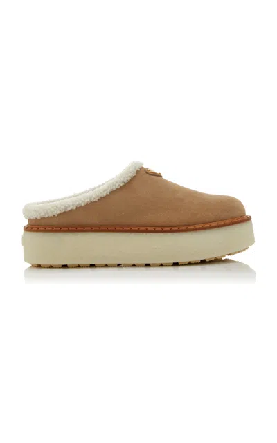 Prada Shearling Platform Mules In Tan
