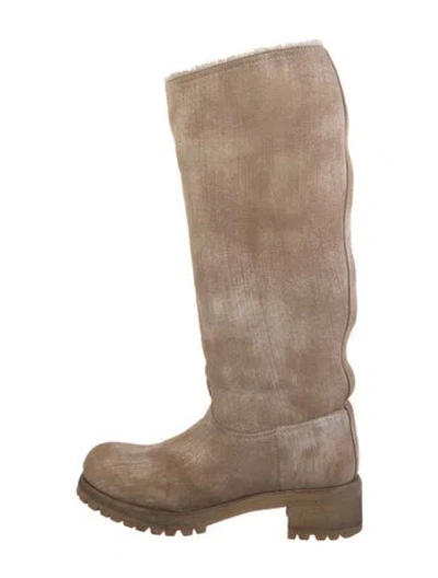 Pre-owned Prada Shearling Riding Boots In Neutral