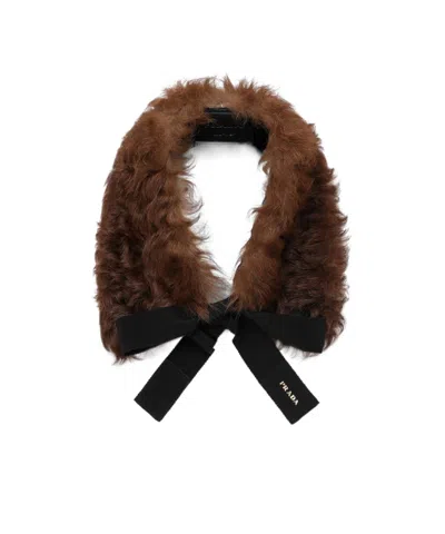 Prada Shearling Shawl With Tie In Black