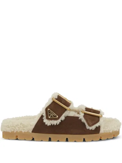 Prada Suede Shearling Lined Dual-buckle Slide Sandals In Brown