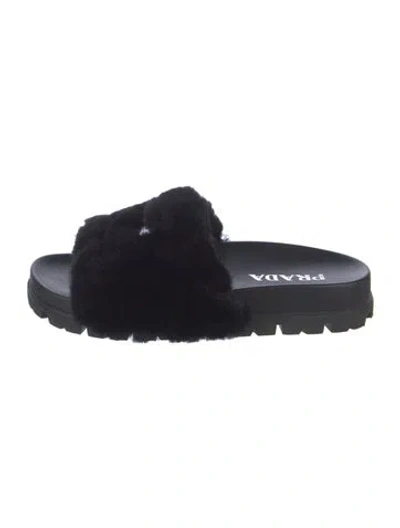 Pre-owned Prada Shearling Slides Enameled Metal Triangle Slides In Black