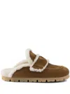 Prada Round Toe Suede Mules With Shearling Lining In Brown