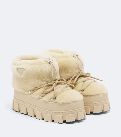 Prada Shearling Snow Boots In Beige