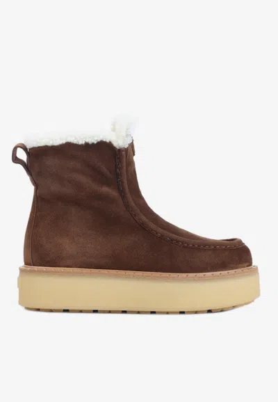 PRADA SHEARLING SUEDE ANKLE BOOTS