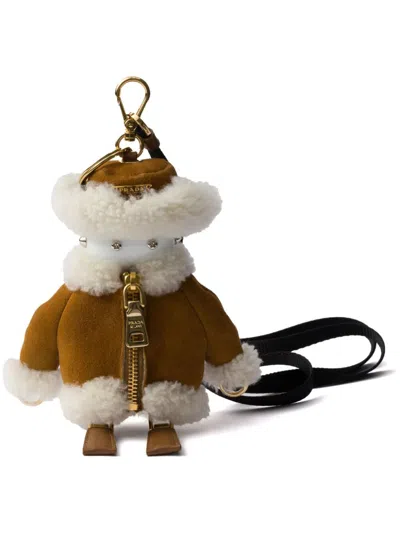 Prada Shearling Suede Keyring In Braun