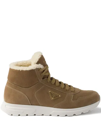 Prada Shearling Triangle-logo High-top Sneakers In Brown