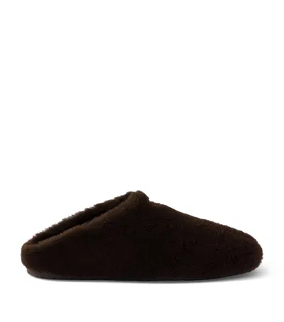 Prada Shearling Triangle Mules In Brown