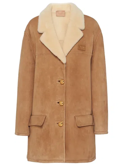 Prada Shearling-trim Suede Coat In Brown